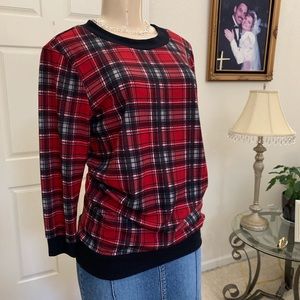 No Boundaries Red and Black Plaid Crew Neck Sweater
